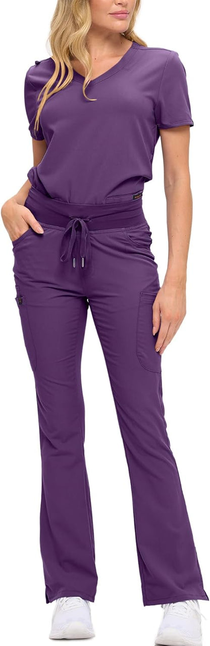 Monarch Uniforms Women's Soft Stretch Scrub Set With Nine Pockets – V-Neck Top & High-Waisted Bootcut Pants - Eggplant