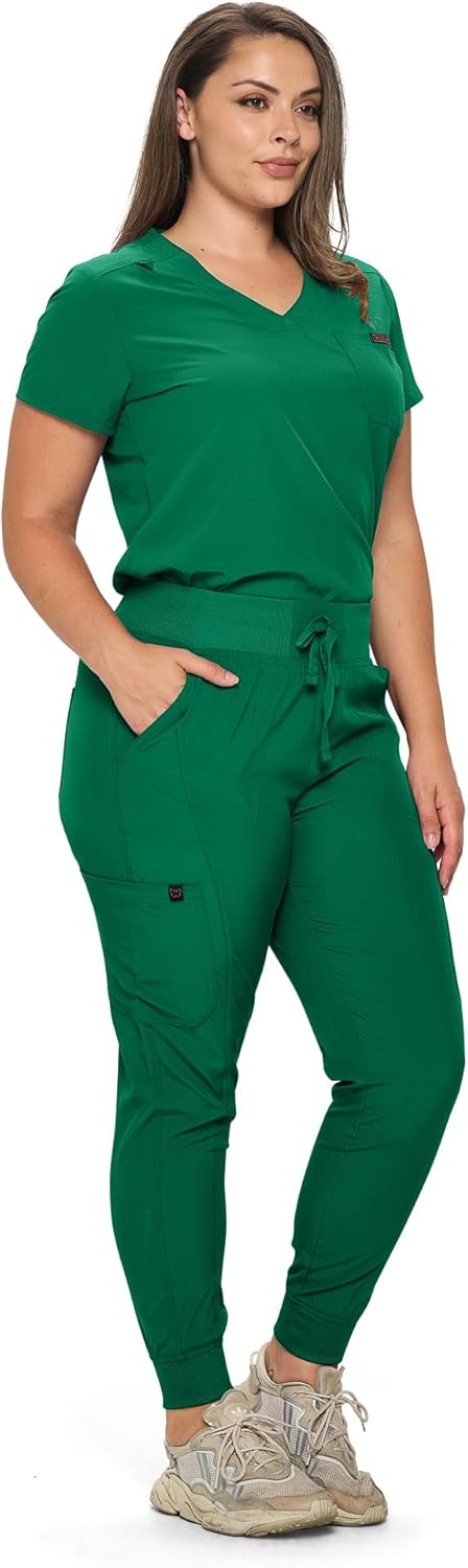 Monarch Uniforms Slim Fit Stretchy Scrubs Women's Jogger Scrub Set with Tuck-In Top - Hunter Green