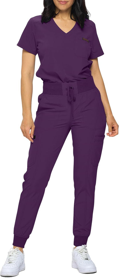 Monarch Uniforms Slim Fit Stretchy Scrubs Women's Jogger Scrub Set with Tuck-In Top - Eggplant