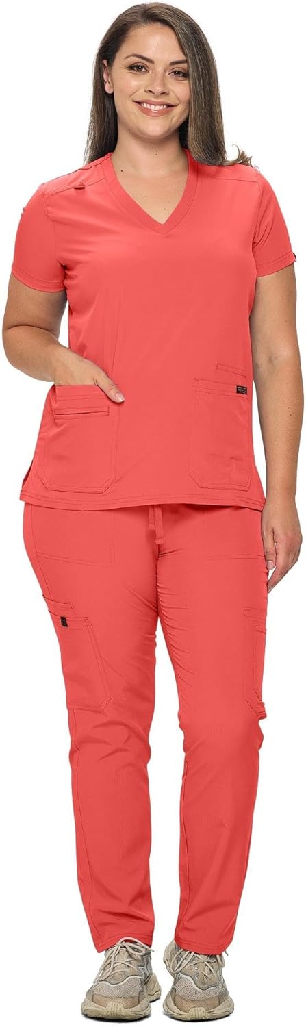 Monarch Uniforms Scrub Sets - Regular & Petite Stretchy Scrubs for Women - Set of Top & Pants - Coral