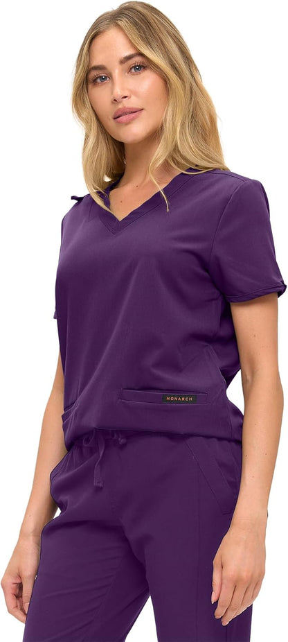 Monarch Uniforms Women's Scrub Top – Comfortable Stretch V-Neck Medical Shirt with Pockets - Eggplant