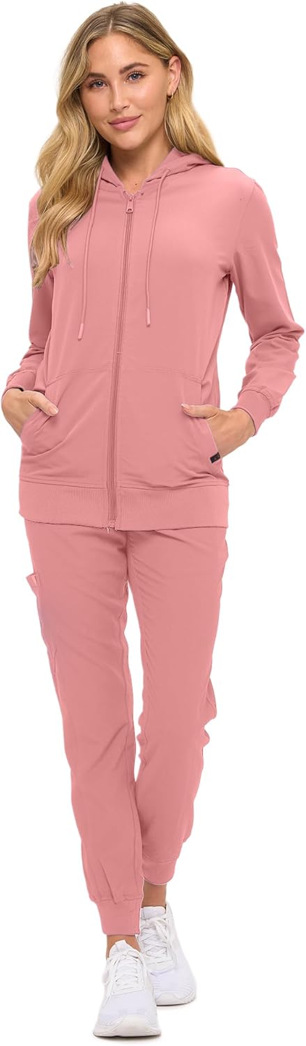 Monarch Uniforms Women's Scrub Jacket Hoodie – Lightweight Zip Up Nursing Jacket - Mauve