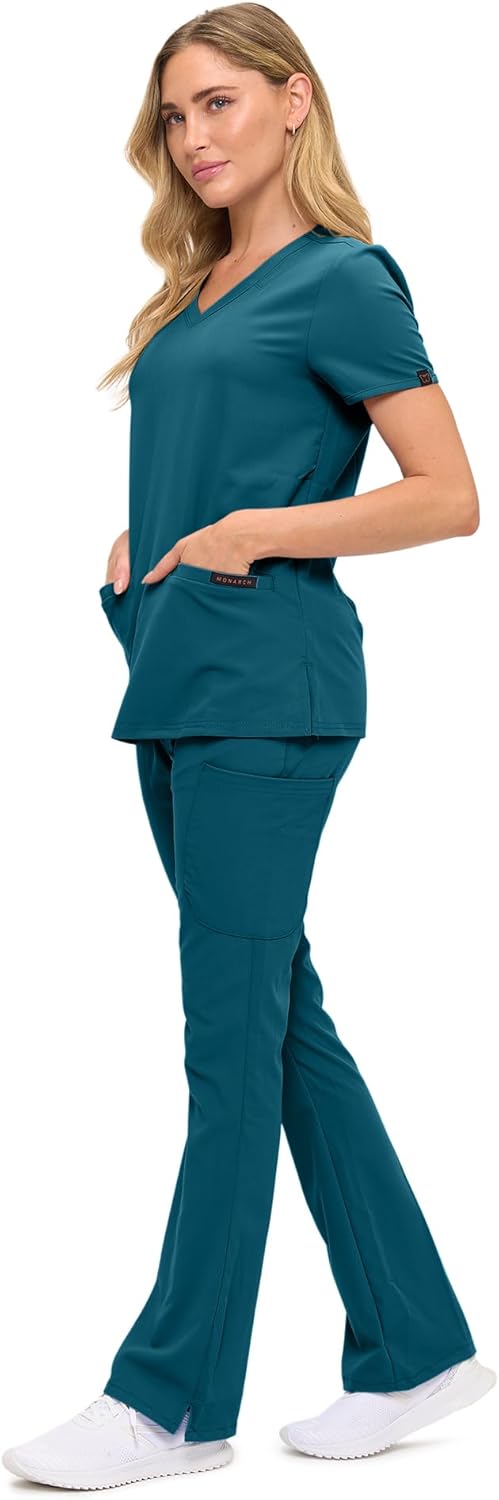 Monarch Uniforms Women's Soft Stretch Scrub Set With Nine Pockets – V-Neck Top & High-Waisted Bootcut Pants - Caribbean Blue