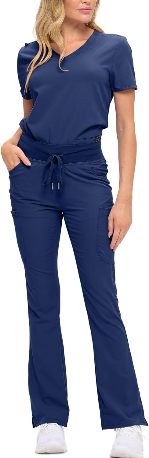Monarch Uniforms Women's Soft Stretch Scrub Set With Nine Pockets – V-Neck Top & High-Waisted Bootcut Pants - Navy Blue