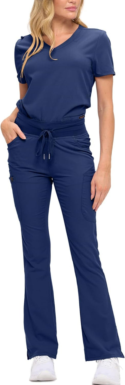 Monarch Uniforms Women's Soft Stretch Scrub Set With Nine Pockets – V-Neck Top & High-Waisted Bootcut Pants - Navy Blue