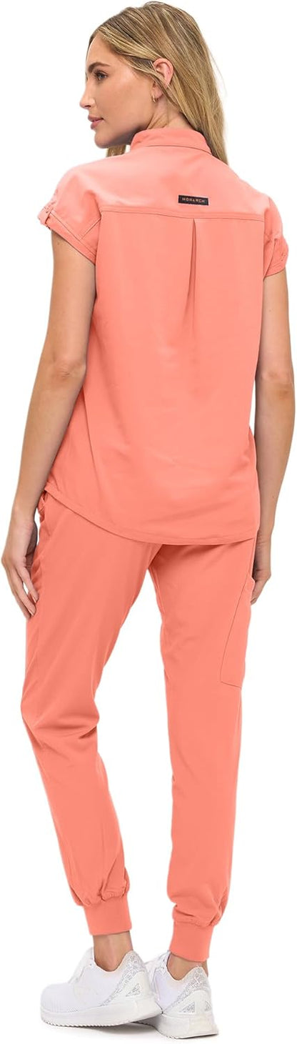 Monarch Uniforms Women's Jogger Scrub Set with Oversized Scrub Top with Mandarin Collar - Coral