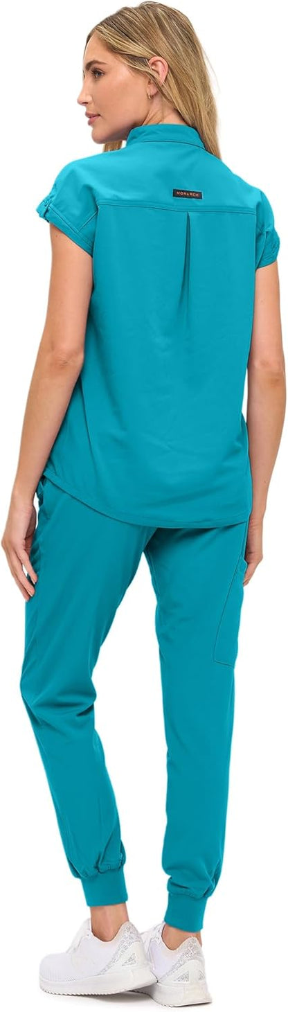 Monarch Uniforms Women's Jogger Scrub Set with Oversized Scrub Top with Mandarin Collar - Teal