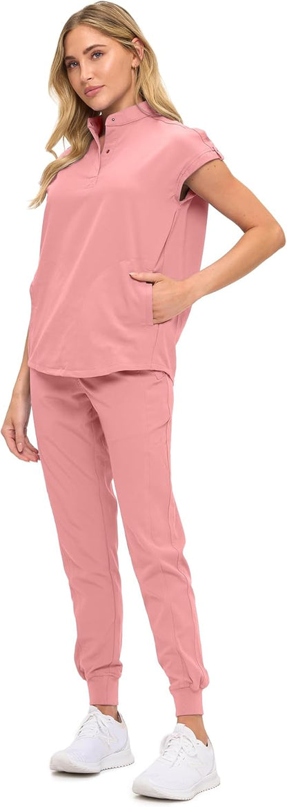 Monarch Uniforms Women's Jogger Scrub Set with Oversized Scrub Top with Mandarin Collar - Mauve