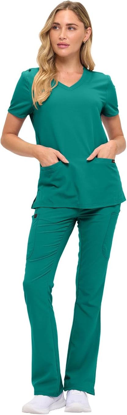 Monarch Uniforms Women's Soft Stretch Scrub Set With Nine Pockets – V-Neck Top & High-Waisted Bootcut Pants - True Hunter Green