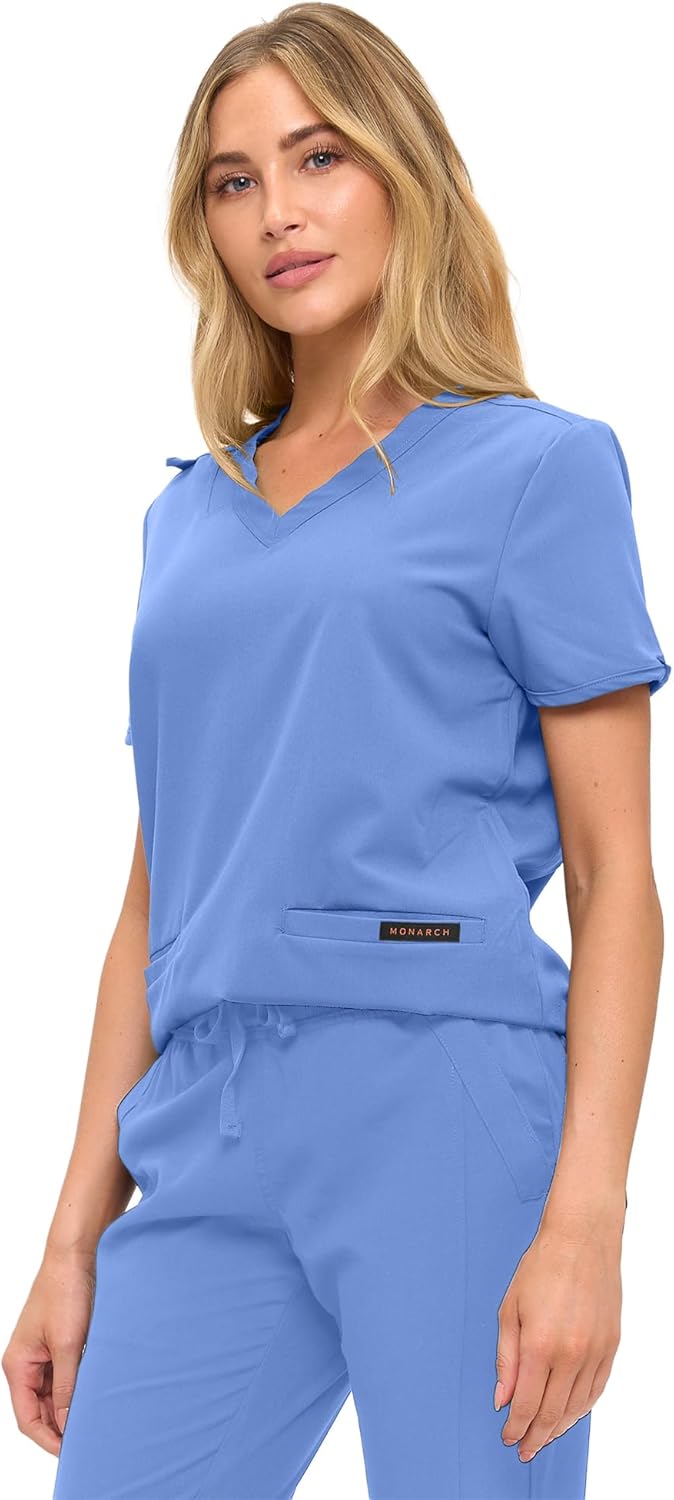 Monarch Uniforms Women's Scrub Top – Comfortable Stretch V-Neck Medical Shirt with Pockets - Ceil Blue