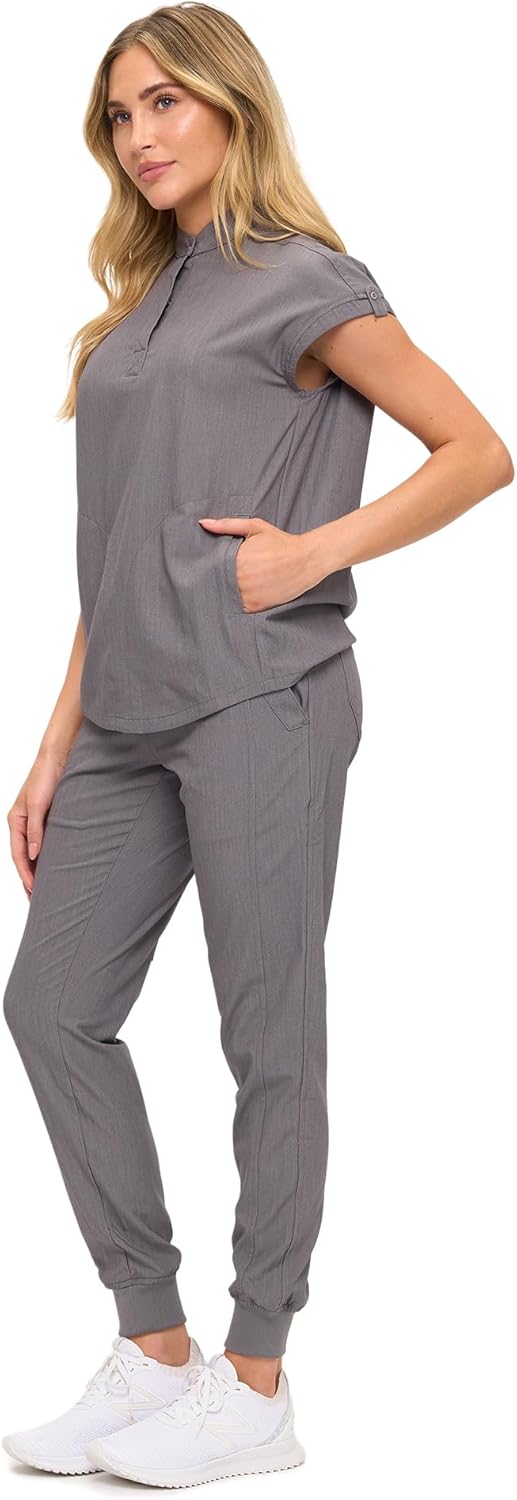 Monarch Uniforms Women's Jogger Scrub Set with Oversized Scrub Top with Mandarin Collar - Heather Grey