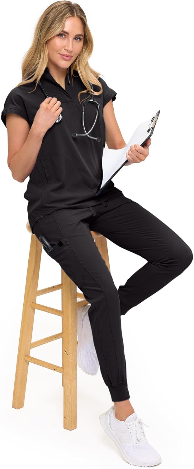 Monarch Uniforms Women's Jogger Scrub Set with Oversized Scrub Top with Mandarin Collar - Black