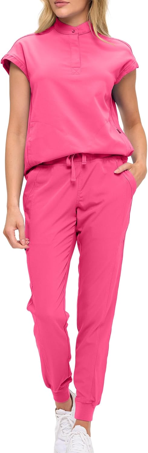 Monarch Uniforms Women's Jogger Scrub Set with Oversized Scrub Top with Mandarin Collar - Hot Pink