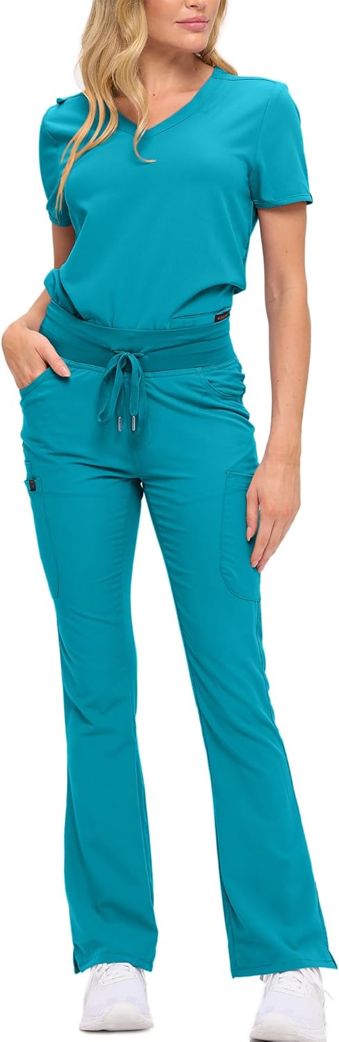 Monarch Uniforms Women's Soft Stretch Scrub Set With Nine Pockets – V-Neck Top & High-Waisted Bootcut Pants - Teal