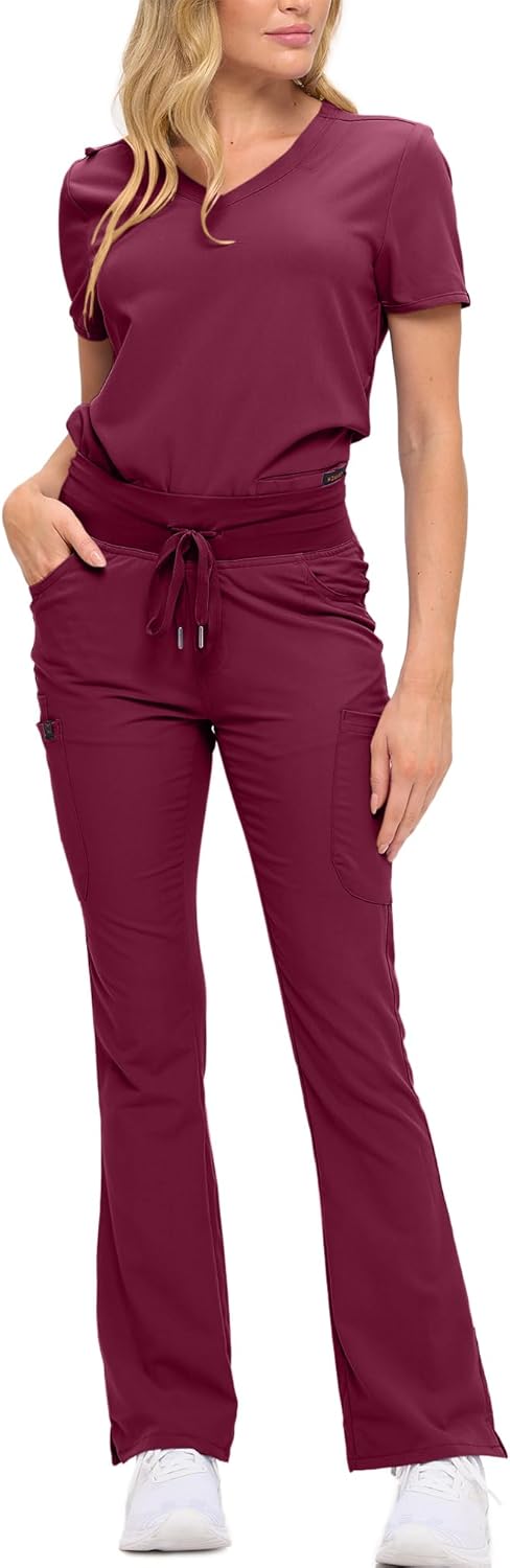Monarch Uniforms Women's Soft Stretch Scrub Set With Nine Pockets – V-Neck Top & High-Waisted Bootcut Pants - Burgundy