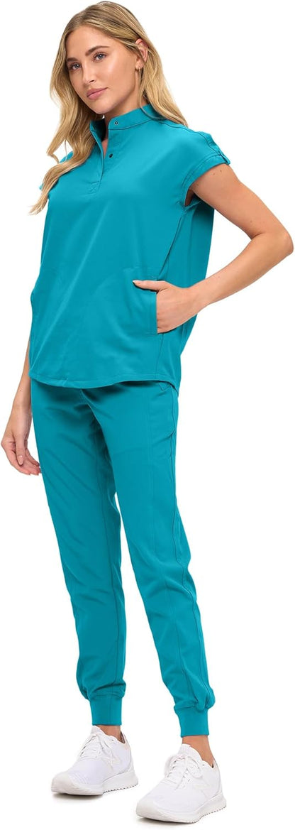 Monarch Uniforms Women's Jogger Scrub Set with Oversized Scrub Top with Mandarin Collar - Teal
