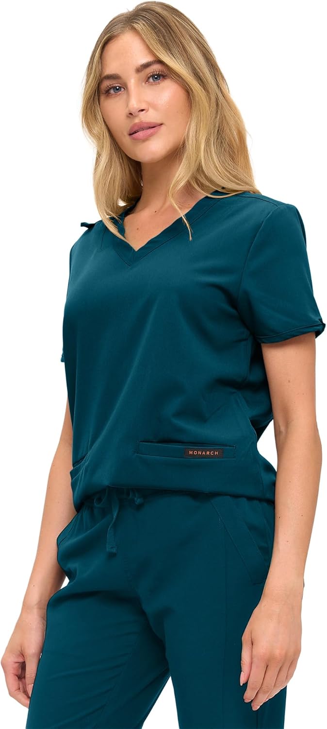 Monarch Uniforms Women's Scrub Top – Comfortable Stretch V-Neck Medical Shirt with Pockets - Caribbean Blue