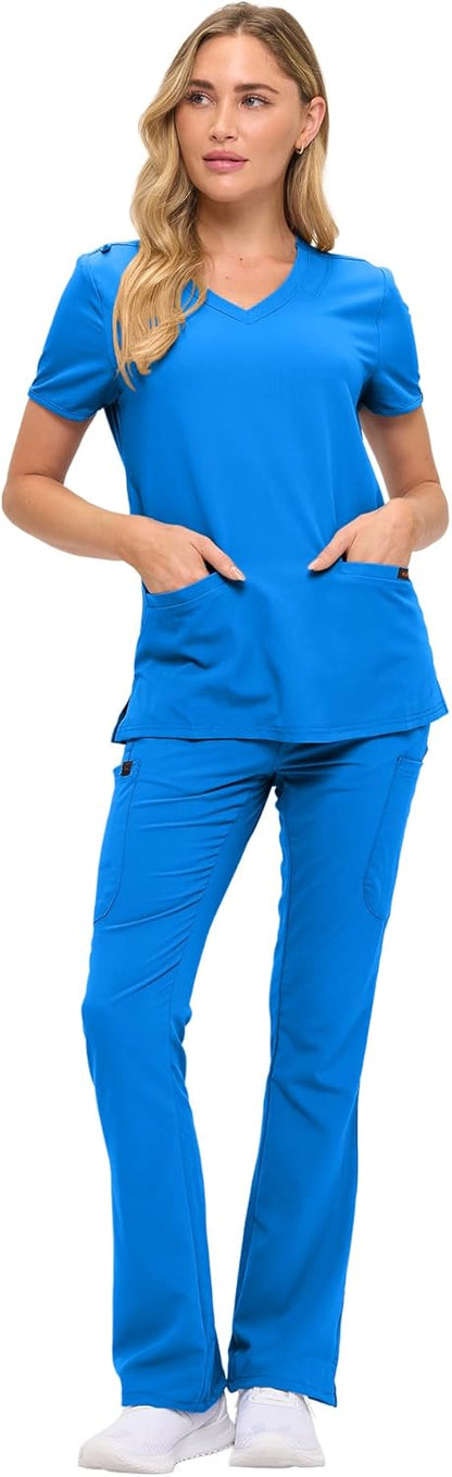 Monarch Uniforms Women's Soft Stretch Scrub Set With Nine Pockets – V-Neck Top & High-Waisted Bootcut Pants - Royal Blue