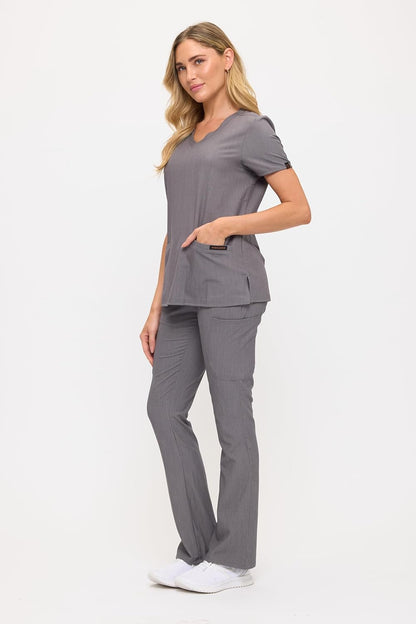 Monarch Uniforms Women's Soft Stretch Scrub Set With Nine Pockets – V-Neck Top & High-Waisted Bootcut Pants - Heather Grey
