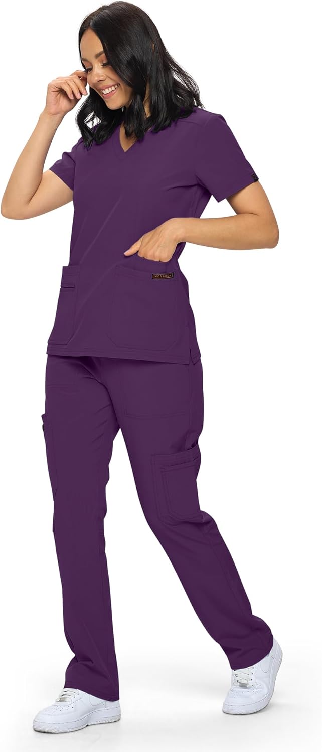 Monarch Uniforms Scrub Sets - Regular & Petite Stretchy Scrubs for Women - Set of Top & Pants - Eggplant
