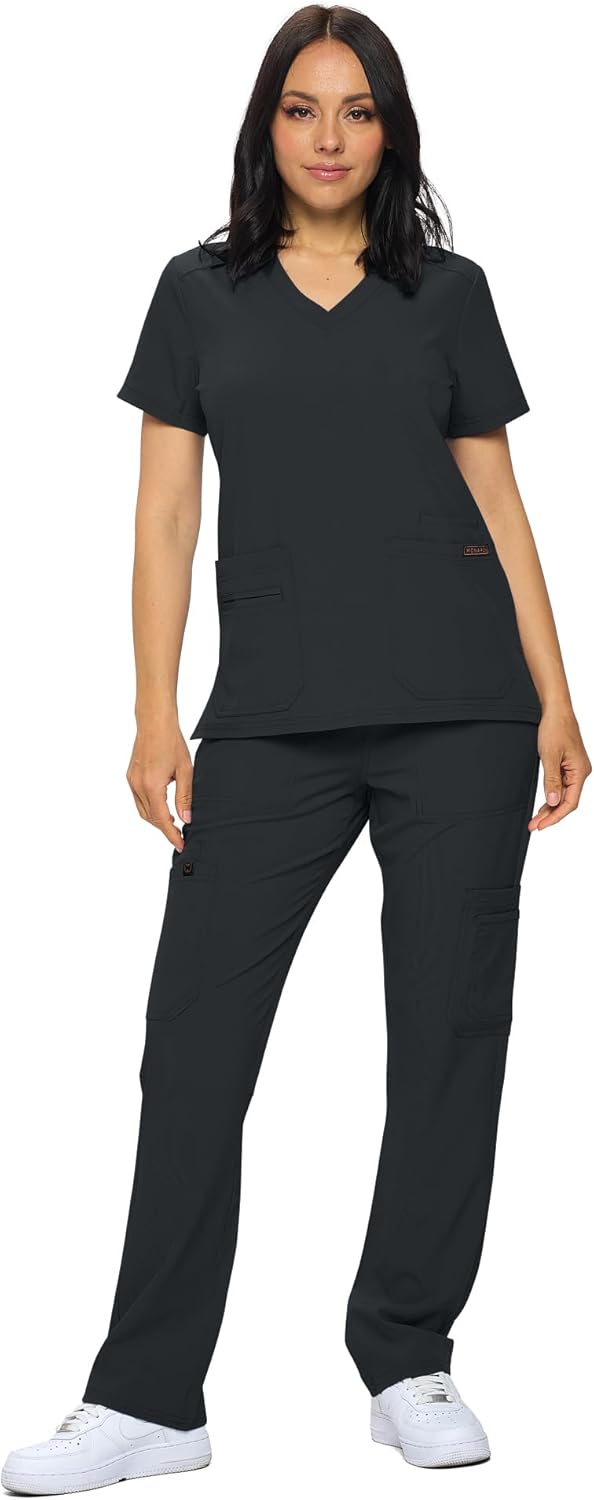 Monarch Uniforms Scrub Sets - Regular & Petite Stretchy Scrubs for Women - Set of Top & Pants - Black