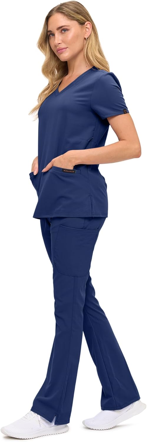 Monarch Uniforms Women's Soft Stretch Scrub Set With Nine Pockets – V-Neck Top & High-Waisted Bootcut Pants - Navy Blue