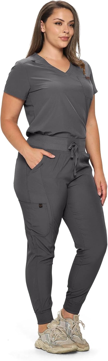 Monarch Uniforms Slim Fit Stretchy Scrubs Women's Jogger Scrub Set with Tuck-In Top - Charcoal