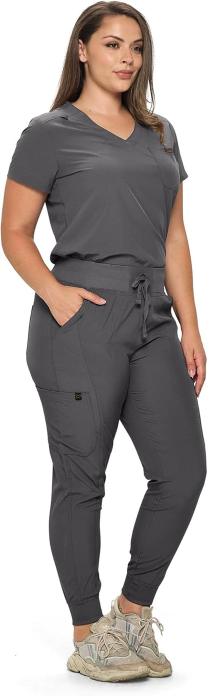 Monarch Uniforms Slim Fit Stretchy Scrubs Women's Jogger Scrub Set with Tuck-In Top - Charcoal