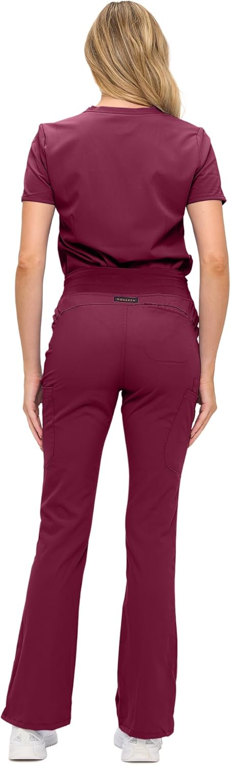 Monarch Uniforms Women's Soft Stretch Scrub Set With Nine Pockets – V-Neck Top & High-Waisted Bootcut Pants - Burgundy
