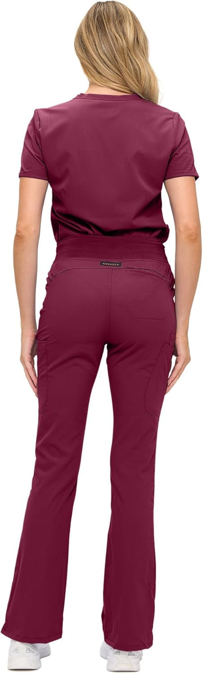 Monarch Uniforms Women's Soft Stretch Scrub Set With Nine Pockets – V-Neck Top & High-Waisted Bootcut Pants - Burgundy