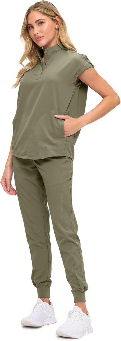 Monarch Uniforms Women's Jogger Scrub Set with Oversized Scrub Top with Mandarin Collar - Olive