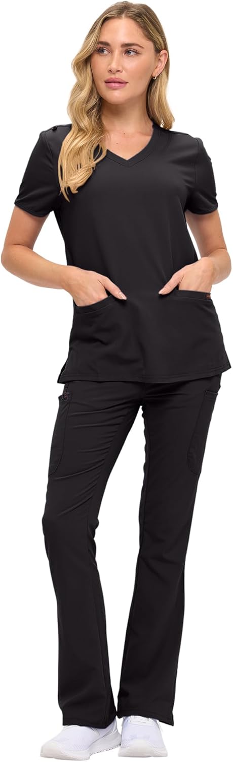 Monarch Uniforms Women's Soft Stretch Scrub Set With Nine Pockets – V-Neck Top & High-Waisted Bootcut Pants - Black