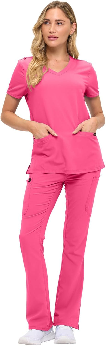 Monarch Uniforms Women's Soft Stretch Scrub Set With Nine Pockets – V-Neck Top & High-Waisted Bootcut Pants - Hot Pink