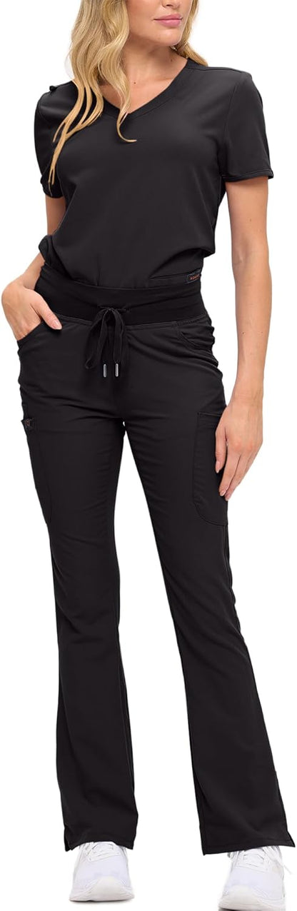 Monarch Uniforms Women's Soft Stretch Scrub Set With Nine Pockets – V-Neck Top & High-Waisted Bootcut Pants - Black