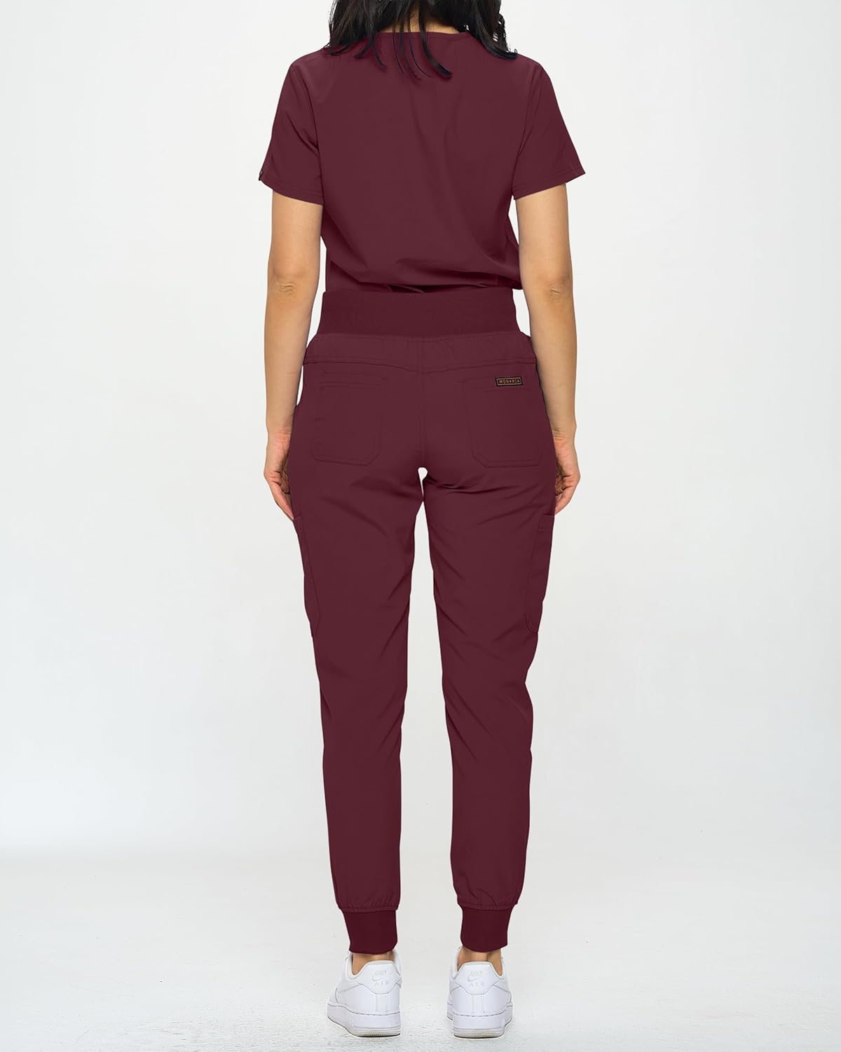 Monarch Uniforms Slim Fit Stretchy Scrubs Women's Jogger Scrub Set with Tuck-In Top - Burgundy