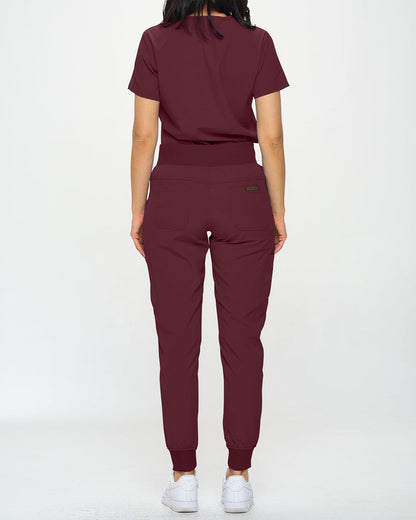 Monarch Uniforms Slim Fit Stretchy Scrubs Women's Jogger Scrub Set with Tuck-In Top - Burgundy