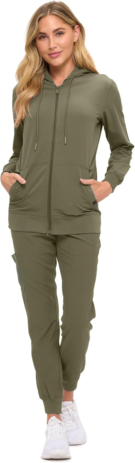Monarch Uniforms Women's Scrub Jacket Hoodie – Lightweight Zip Up Nursing Jacket - Olive