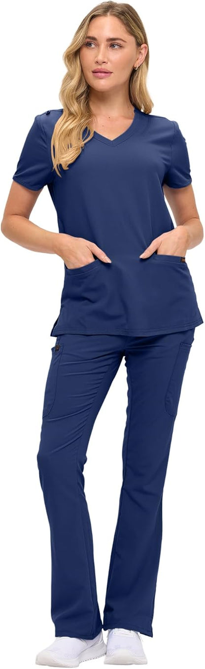 Monarch Uniforms Women's Soft Stretch Scrub Set With Nine Pockets – V-Neck Top & High-Waisted Bootcut Pants - Navy Blue