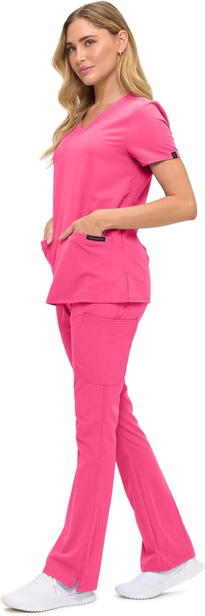Monarch Uniforms Women's Soft Stretch Scrub Set With Nine Pockets – V-Neck Top & High-Waisted Bootcut Pants - Hot Pink