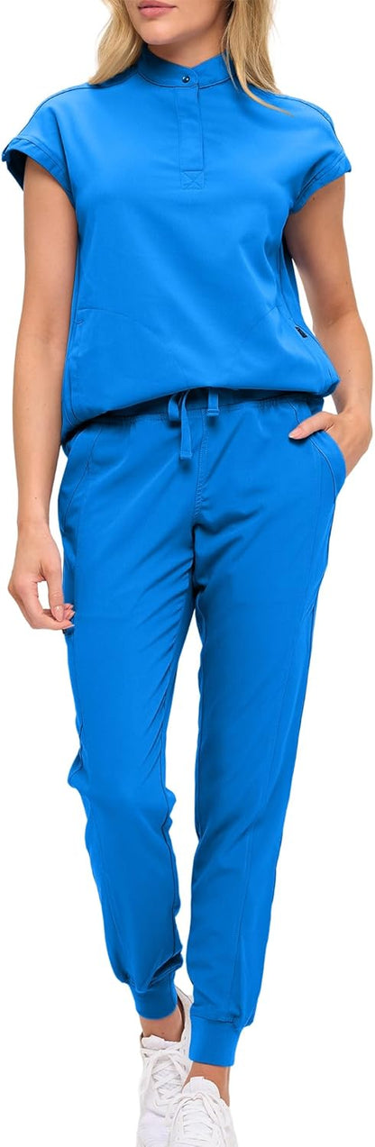 Monarch Uniforms Women's Jogger Scrub Set with Oversized Scrub Top with Mandarin Collar - Royal Blue