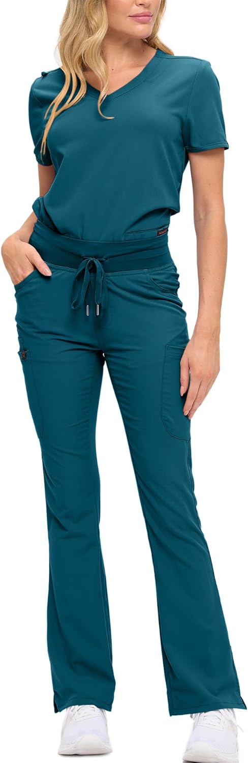 Monarch Uniforms Women's Soft Stretch Scrub Set With Nine Pockets – V-Neck Top & High-Waisted Bootcut Pants - Caribbean Blue