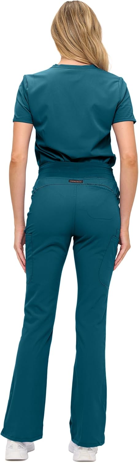 Monarch Uniforms Women's Soft Stretch Scrub Set With Nine Pockets – V-Neck Top & High-Waisted Bootcut Pants - Caribbean Blue