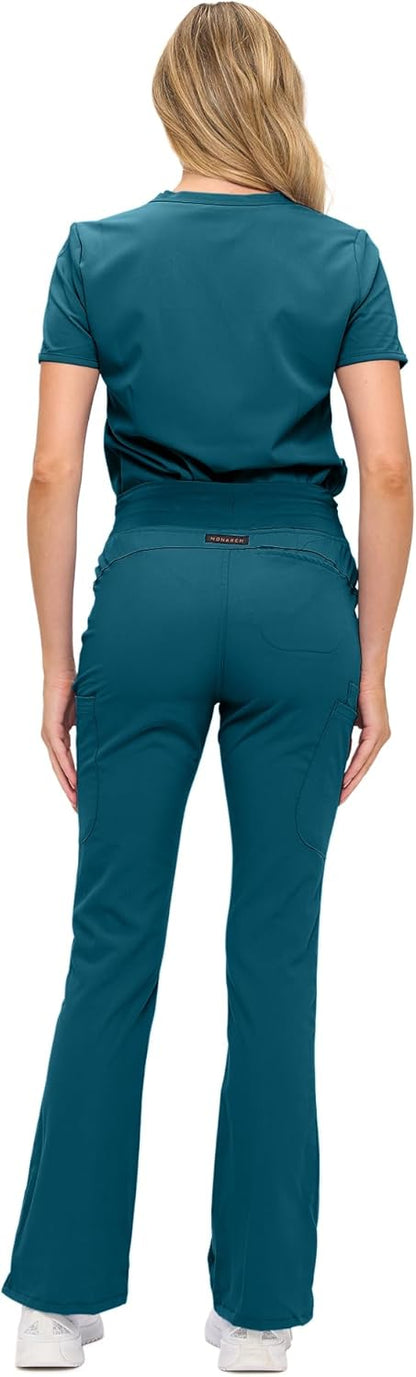 Monarch Uniforms Women's Soft Stretch Scrub Set With Nine Pockets – V-Neck Top & High-Waisted Bootcut Pants - Caribbean Blue