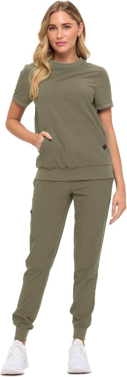 Women’s Scrub Set – Soft Stretch Fabric, Modern Fit Jogger Pants & Crew Neck Top