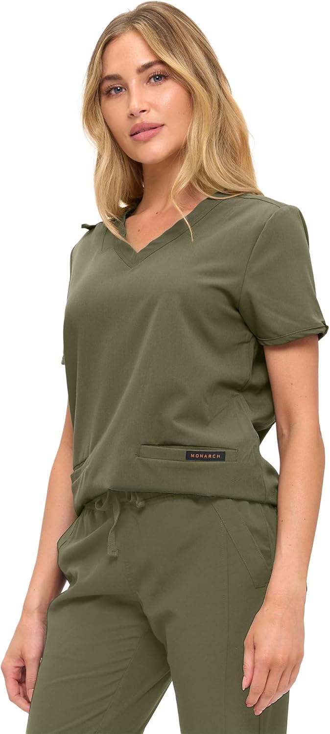 Monarch Uniforms Women's Scrub Top – Comfortable Stretch V-Neck Medical Shirt with Pockets - Olive