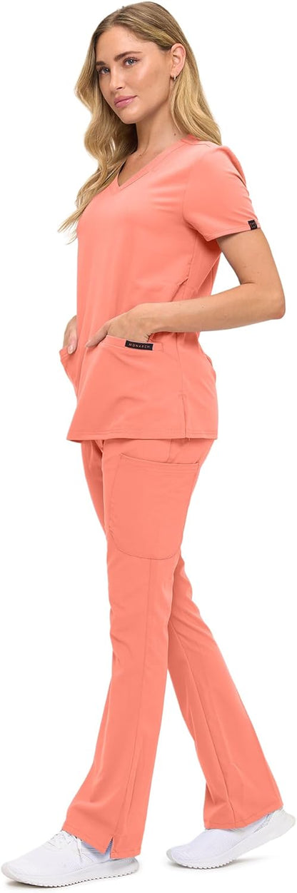 Monarch Uniforms Women's Soft Stretch Scrub Set With Nine Pockets – V-Neck Top & High-Waisted Bootcut Pants - Coral