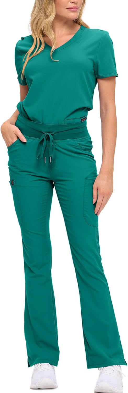 Monarch Uniforms Women's Soft Stretch Scrub Set With Nine Pockets – V-Neck Top & High-Waisted Bootcut Pants - True Hunter Green