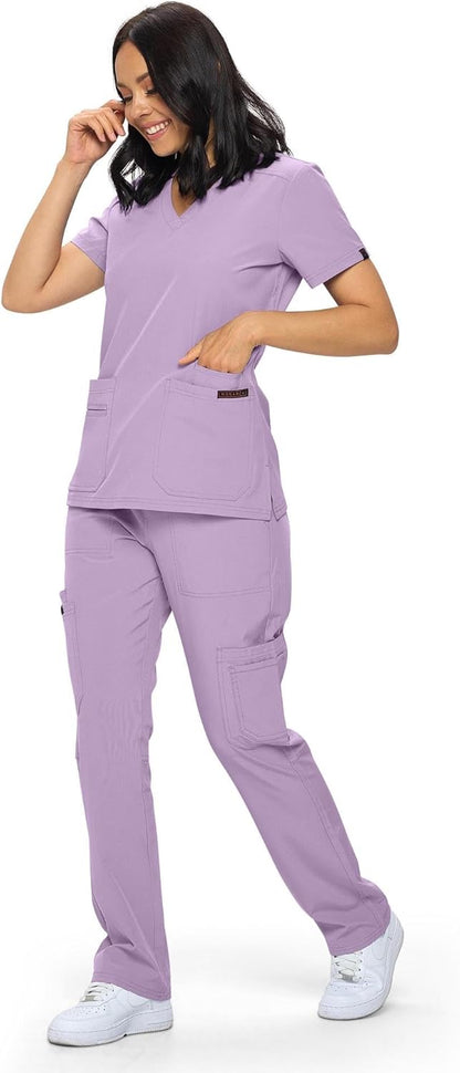 Monarch Uniforms Scrub Sets - Regular & Petite Stretchy Scrubs for Women - Set of Top & Pants - Lavender