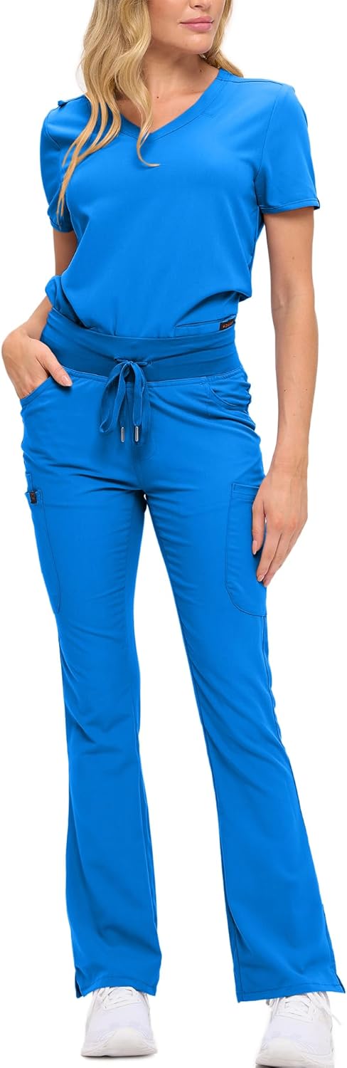 Monarch Uniforms Women's Soft Stretch Scrub Set With Nine Pockets – V-Neck Top & High-Waisted Bootcut Pants - Royal Blue