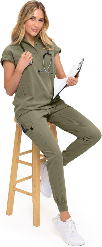 Monarch Uniforms Women's Jogger Scrub Set with Oversized Scrub Top with Mandarin Collar - Olive